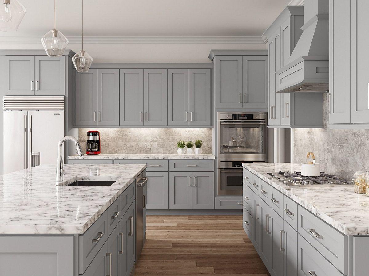 Dove Gray Shaker Kitchen Cabinets with Island